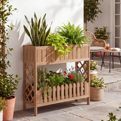 Produktbild von Hochbeet HWC-P83, Blumen-/Pflanzkasten Blumenregal Ablage, Outdoor Akazie Holz - 90x95x31cm  hellbraun