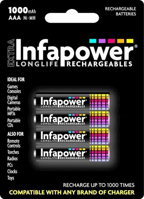 Obrázok produktu pre Infapower AAA 1000mAh, Nabíjateľná batéria, AAA, Nikel-Metal Hydrid (nimh), 4 kusov, 1000 mAh, Viacfarebný