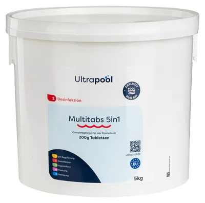 Produktbild von Ultrapool 5 in 1 Multitabs 200 g Chlor Tabs Pool langsam löslich zur Dauerchlorung und Poolpflege 1 kg / 5 kg / 10 kg (1 x 5 kg)