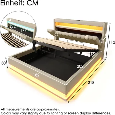 A 3D rendering of a beige upholstered bed frame with its storage compartment open, showing dimensions and LED lighting.