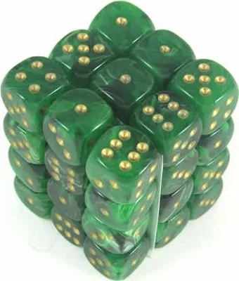 Produktbild von Chessex Vortex grün/gold D6 12mm Würfelset (36 Stück)
