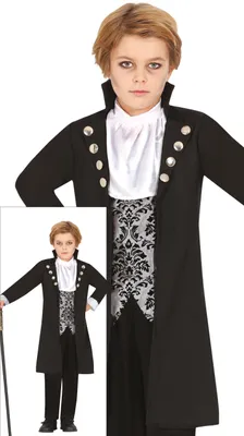 Produktbild von Vampir Edelmann Kostüm Halloween Kinder Mantel Weste Jacke Hose Gothic Adliger Graf Dunkelheit Karneval Festgewand, Größe: 110/116 Farbe: Schwarz