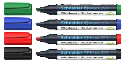 Produktbild von Schneider Boardmarker/Flipchartmarker Maxx 293, Keilspitze, Strichstärke 2 + 5 mm, sortiert, 4er Etui, schwarz, blau, rot, grün