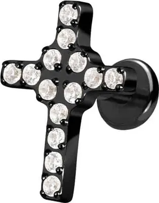 Produktbild von Ohrpiercing, Nasenpiercing Titan Labret mit Push Fit KRISTALLKREUZ Schwarz Stablänge: 6mm | Stabstärke: 1,2mm