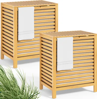 Produktbild von CASARIA® 2er Set Wäschekorb mit Deckel Bambus Holz 140L Groß Wäschesammler Schmal Wäschesack Herausnehmbar Baumwolle 62x51x36cm Wäschebox Wäschetruhe