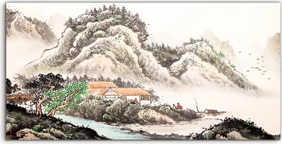 Produktbild von Coloray - Glasbild - 100x50 cm - Wandbild - Glasbilder - Chinesische Landschaft Aquarellmalerei