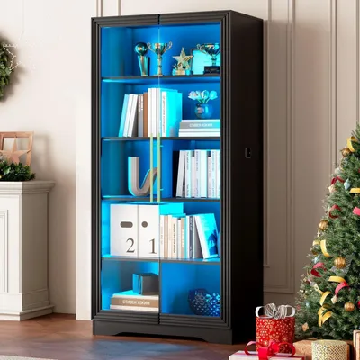 Image de Vitrine éclairée par LED, 165 cm de hauteur, noire, avec 4 étagères, 3 couleurs de lumière, en MDF et verre