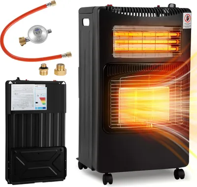 Obrázok produktu pre Keramický plynový ohrievač Jayseuw, plyn+elektrina, vrátane euroadaptéra, 42x36x72 cm, piezoelektrické zapaľovanie, ochrana proti nakloneniu, plynová hadica, pre plynové fľaše na propán/bután do 15 kg