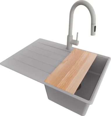 Produktbild von PRIMAGRAN Granitspüle Grau 70x50cm, Spülbecken 1 Becken + Küchenarmatur 40x20cm + Ablauf-Set + Schneidebrett, Küchenspüle ab 40er Unterschrank - Kopenhagen