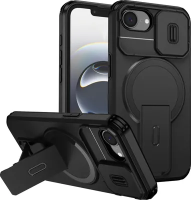 Obrázek produktu pro Magnetické pouzdro pro iPhone 16e/iPhone 17e, dvouvrstvé odolné pouzdro s posuvnou ochranou fotoaparátu a nastavitelným stojánkem Černá