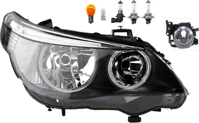 Obrázok produktu pre Predné svetlomety vhodné pre BMW 5 (E60, E61) modely vyrábané od 07/2003 do 03/2007, s žiarivkami H7, H7, vrátane hmloviek a smerových svetiel. Katalógové čísla: 63127165562, 63126910778, 6910778, 7165562, 63177897188, 7897188. Johns