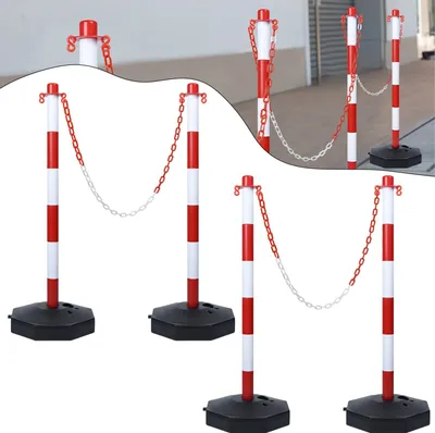 Produktbild von TRMLBE Zábranový stĺpik 4 ks Plastový stĺpik so 140 cm zábranovou reťazou a PE základným stĺpikom PP zábrana 82 cm Delínium Pružný delíniový kužeľ vrátane výstrah, červený + biely