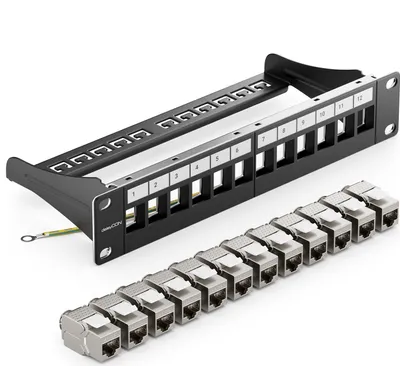 Produktbild von deleyCON 12 Port Patchpanel Set Patchfeld Modular 1 HE 10" Zoll Rackeinbau + 12x RJ45 Keystone Module CAT6a Kompatibel mit CAT5 CAT6 CAT7 LAN Netzwerkkabel Verlegekabel Schwarz