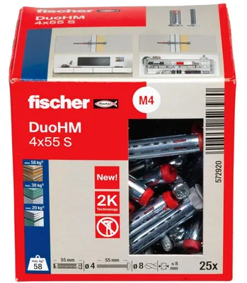 Zdjęcie produktu dla Fischer DuoHM 4 x 55 S PH PZ, Wtyczka ścienna, Szary, Pozidriv, PZ2, 4 mm, 55 mm