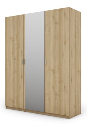 Meblast | Kleiderschrank 180x230 cm mit Spiegel - Heller Scandic-Buche - Garderobe mit Regalen, Schubladen und Kleiderstange | Skandinavischer Stil