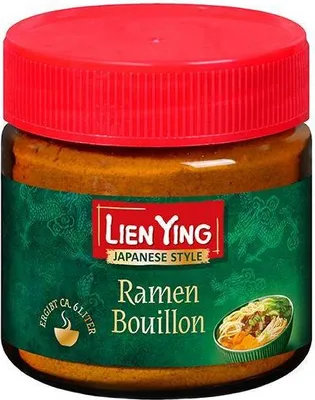 A jar of Lien Ying Ramen Bouillon with a red lid, set against a white background.
