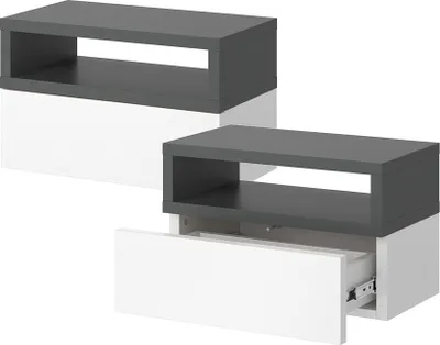 Two modern wall-mounted nightstands, one with an open shelf and the other with a drawer pulled out.