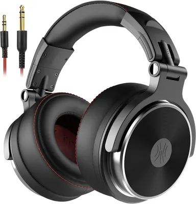 A pair of professional over-ear DJ headphones with two audio jacks shown in the background.