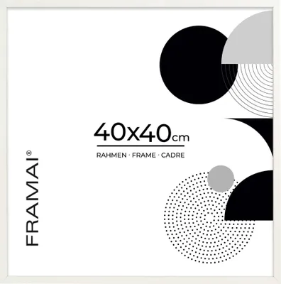 Productafbeelding van Framai® fotolijst 40x40 cm, wit. Milieuvriendelijke MDF-lijst met breekvaste plexiglas, ophangklem en standaard