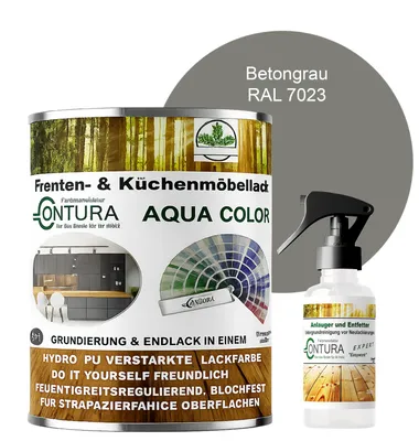 Produktbild von 2 Liter + Anlauger - Contura Küchenmöbellack RAL Möbellack SEIDENMATT SET Möbelfarbe Holzlack Buntlack Küchenlack - RAL 7023 Beton Grau