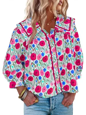 Produktbild von Modische, lässige Damenbluse mit Blumenmuster, 3/4-Ärmeln und eckigem Kragen,Größe:S