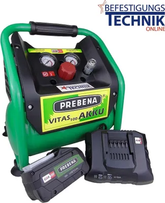 A cordless air compressor with its battery and charger, displayed against a white background.