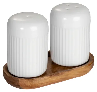 Produktbild von SCHÖNER WOHNEN-Kollektion Salz- und Pfefferstreuer Mod. REFIA stilvolles Keramikset auf Akazienholz-Tablett für Küche und Esstisch 2x75ml Weiß 12,5 x 8 x 7 cm