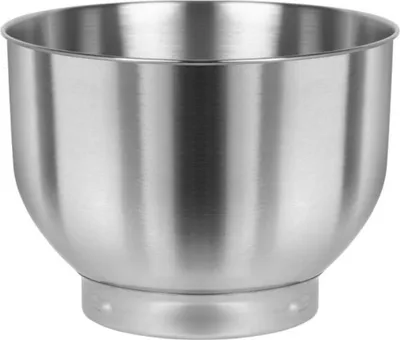 A close-up studio shot of a stainless steel mixing bowl.