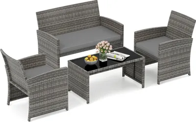 Immagine prodotto di Set di mobili da giardino in polyrattan COSTWAY, mobili da esterno, set composto da 2 sedie, panca, tavolo e cuscini, mobili da terrazza, set da giardino grigio