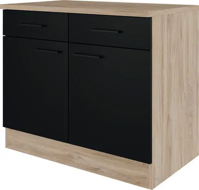 Produktbild von Flex Well Unterschrank mit Schublade und Drehtür Capri BxTxH 100 x 60 x 85 cm schwarz matt antifingerprint zerlegt Ansch
