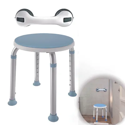 A shower stool and a suction cup grab bar are shown against a white background, with a smaller inset image showing the stool in a shower.