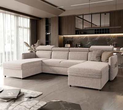 Produktbild von IDOHOME-Ecksofa Beni mit Schlaffunktion Couchgarnitur Sofa mit Relaxfunktion und Kopfstützen Eckcouch Wohnzimmer Bettsofa U-Form Poso 100 Beige