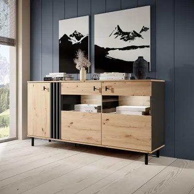 Produktbild von Sideboard mit 165 cm Breite in Eiche, 3 Türen, LED Beleuchtung - MATTAWA-167