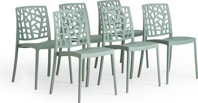 Produktbild von 6er-Set stapelbare Stühle aus glasfaserverstärktem Polypropylen für Außenbereich, Garten, Bars und Restaurants – modernes Design mit dekorativer Rückenlehne – TRIXY – Salbeigrün