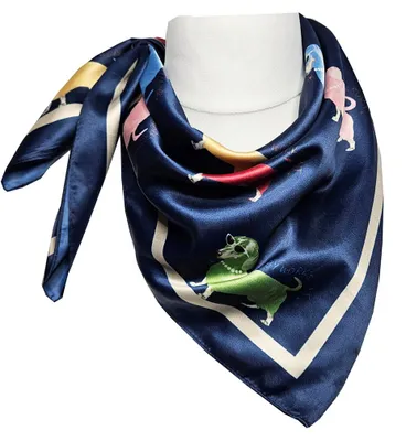 Produktbild von Nickituch DACKEL Dunkelblau Bunt 70x70 Satin Damen Halstuch Bandana Hund Druckmotiv