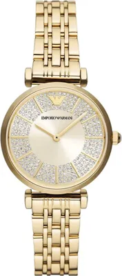 A close-up studio shot of a gold Emporio Armani watch with a diamond-encrusted face and a gold metal band.
