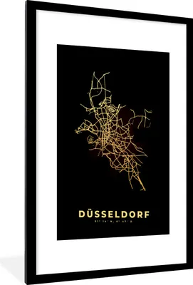 Produktbild von MuchoWow® Gerahmtes Poster Karte - Gold - Düsseldorf - Stadtplan 60x90 cm - Poster mit Schwarzem Bilderrahmen Wandposter Rahmen Foto Bilder - Dekoration - Wandposter Wohnzimmer - Hochwertig