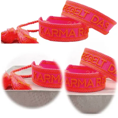 Produktbild von LS-LebenStil Canvas Statement Armband Karma regelt das Pink besticktes Stoffarmband gewebt textiles Quasten Spruch Boho Geschenk Freundschaftsarmband