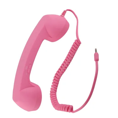 A pink vintage-style telephone handset with a coiled cord and a 3.5mm jack connector, isolated on a white background.