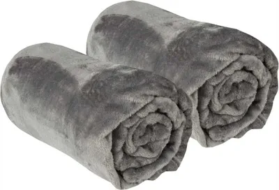 Two rolled-up gray blankets are shown against a white background.