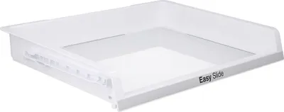 A white plastic drawer with a clear front, designed for easy sliding.