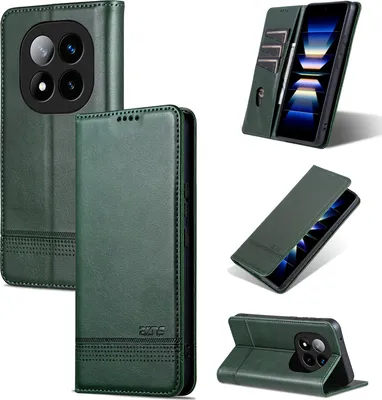 Produktbild von Leder Hülle für Xiaomi Redmi Note 14 Pro+ 5G, Klapphüllen Brieftasche Magnetverschluss Ständer Schutzhülle Grün