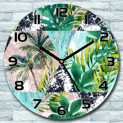 Produktbild von Wanduhr aus Glas Rund fi 30 Palmen Dreieck grün Quarz Deko Wohnzimmer Büro