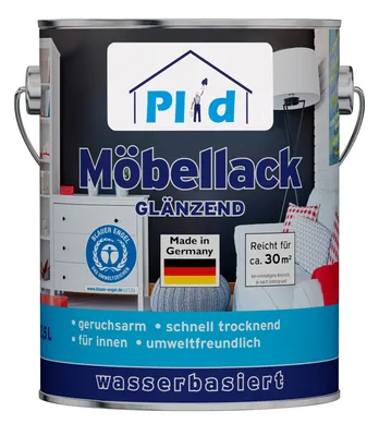 Produktbild von Plid® Möbellack glänzend 1,5L - Weiß Glänzend - Holzfarbe außen & innen für Spielzeug- Holzlack Außen wetterfest - Holzschutzfarbe Innen