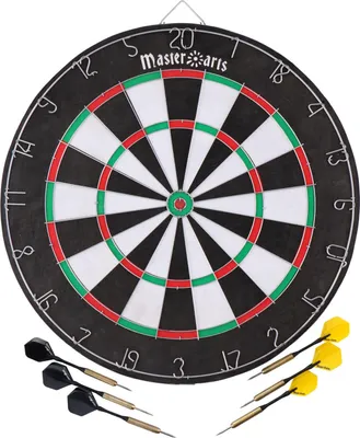 Produktbild von Dartscheibe mit 6 Dart-Pfeilen mit gewichteter Spitze, austauschbaren Flights, Pfeilspitzenschutz, allgemeine + Turnierspielregeln, für Profis und Laien, 2 Spielfelder