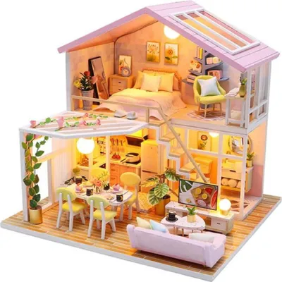Zdjęcie produktu dla Habarri | Miniaturowy Domek - DIY Domek dla Lalek - Drewniany Domek z Meblami i Oświetleniem LED - Prezent dla Dzieci - Śniadanie Pod Pergolą