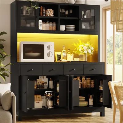 Immagine prodotto di Mobiletto da cucina MODFU, armadietto alto con luci LED e ante in vetro, 140x38,5x180 cm, mobile contenitore con 4 cassetti, mobile multifunzionale con ampio spazio di stoccaggio, colore nero