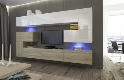 Immagine prodotto di Furnitech Parete attrezzata soggiorno - Mobile soggiorno con LED Blu - Parete attrezzata moderna - Parete attrezzata soggiorno con mensole e mobile TV (Albania AN3-17WS-HGM32 1B)