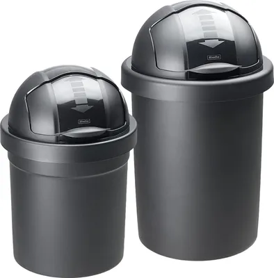 Two dark gray trash cans of different sizes are shown against a white background.