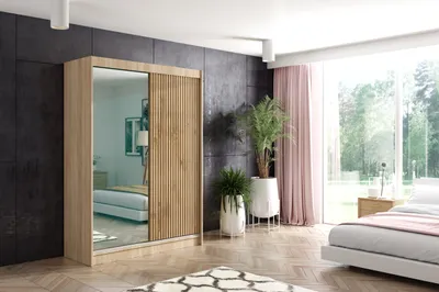 Produktbild von ALTDECOR Kleiderschrank mit Spiegel und Lamel-Schiebetüren, kugelgelagerte Führungsschienen und Aluminium-Leisten, LED-Beleuchtung und Fernbedienung - VILO - 150 cm - Sonoma Eiche/Sonoma Eiche/Lamelle Eiche Wotan